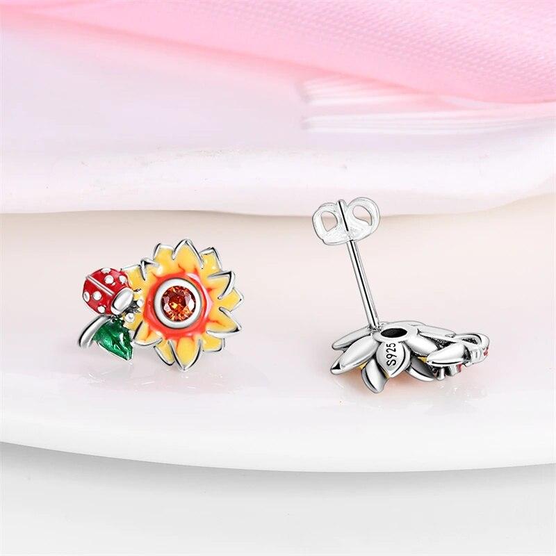 NEW 925 Silver Ear Jewelry Sunflower Flowers Plants Design Stud Earrings Trendy Female Luxury Fine Engagement Wedding Earring