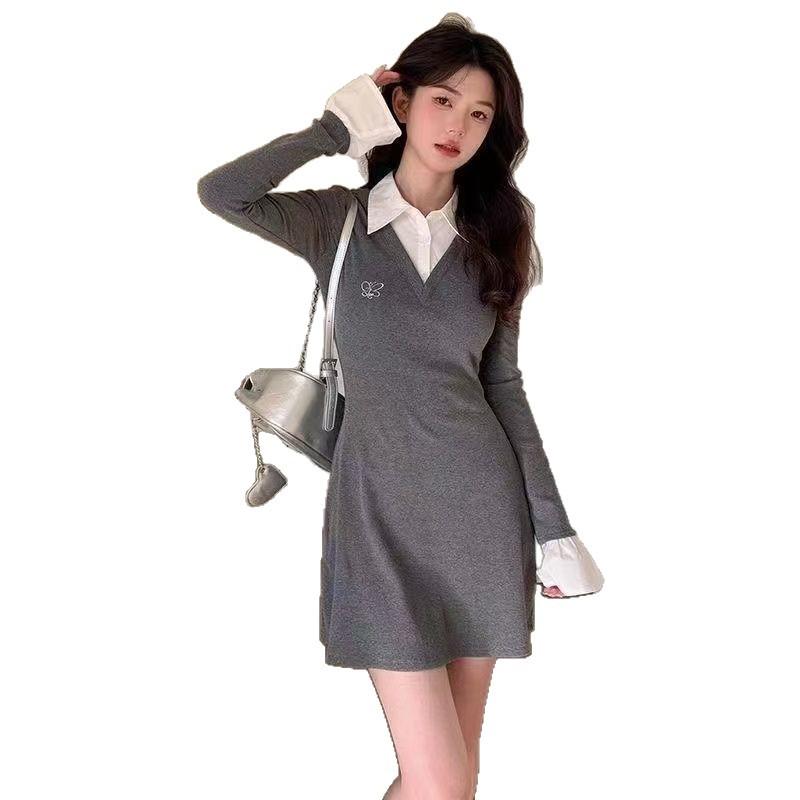 Fake Two-piece Gray POLO Collar Dress, Children's Autumn and Winter New Temperament, Spice Girl Bottoming, Hip-wrapped Skirt Inside