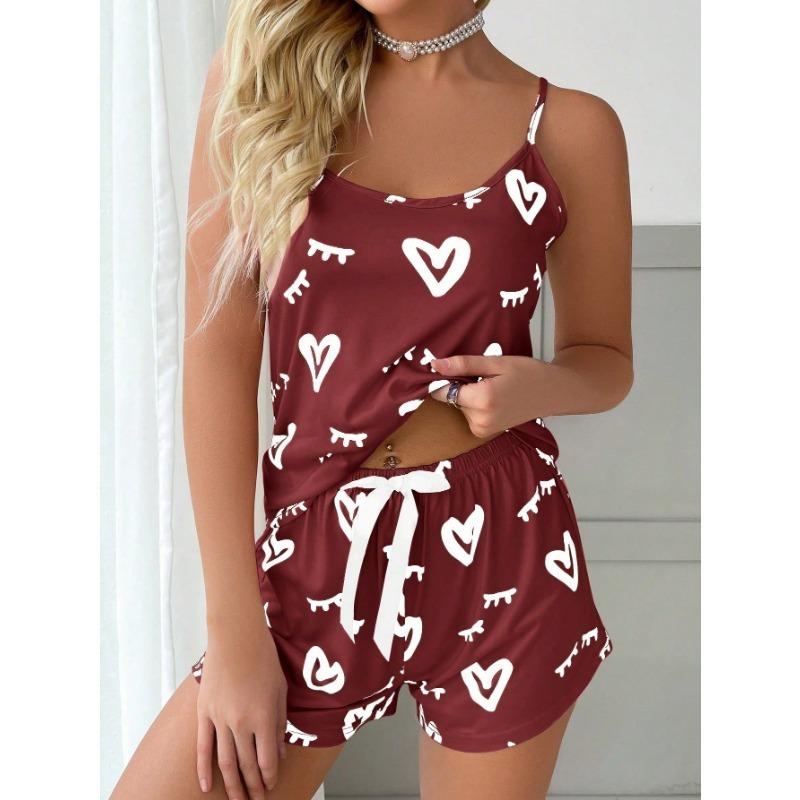 Women's Casual Heart Pattern Dark Pink Pajama Set
