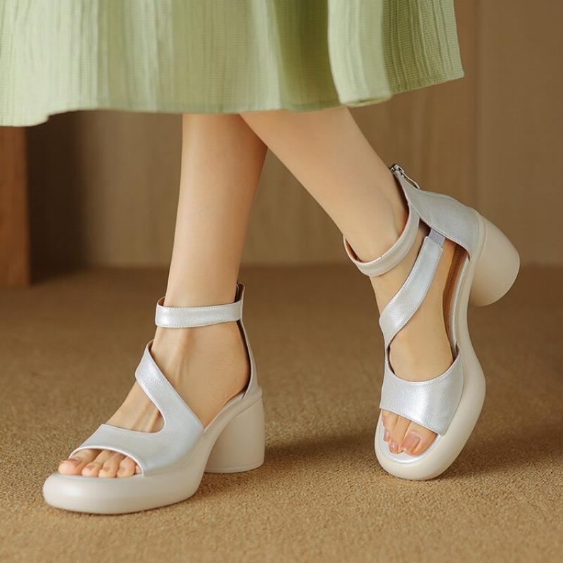 Fashion Elegant Round Head Open Toe Sandals for Women's Summer 2024 New Platform Hollow Rear Zipper Thick Heel Roman Office Shoe
