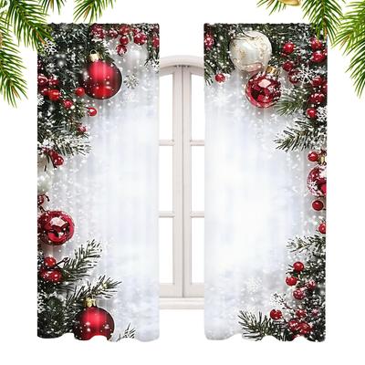2 Piece Christmas Window Curtains Ball Print Drapes Snowflake Pine Branch Pattern 2D Printed Holiday Decor Bedroom Living Room