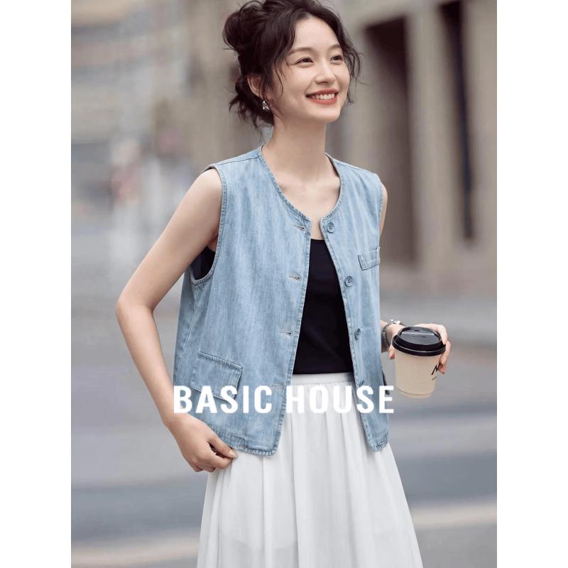 Basic House Women s Blue Cotton Blend Sleeveless Denim Vest L