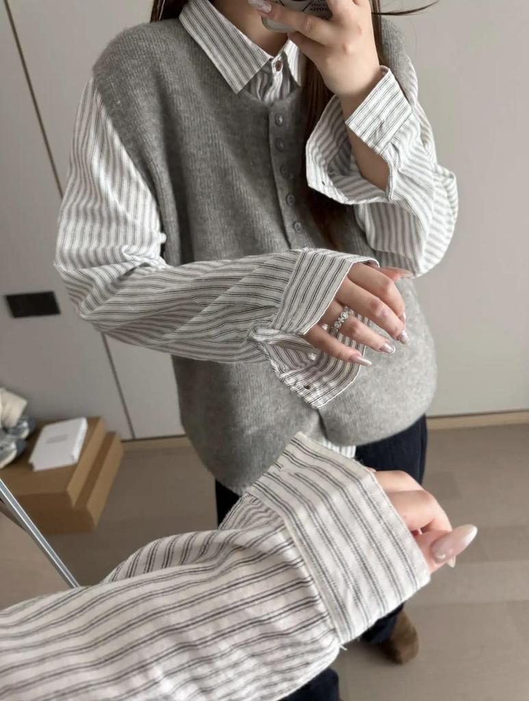 Korean Style Vertical Stripe Cotton Shirt - Retro, Casual, Slimming, Long-Sleeved, Age-Reducing