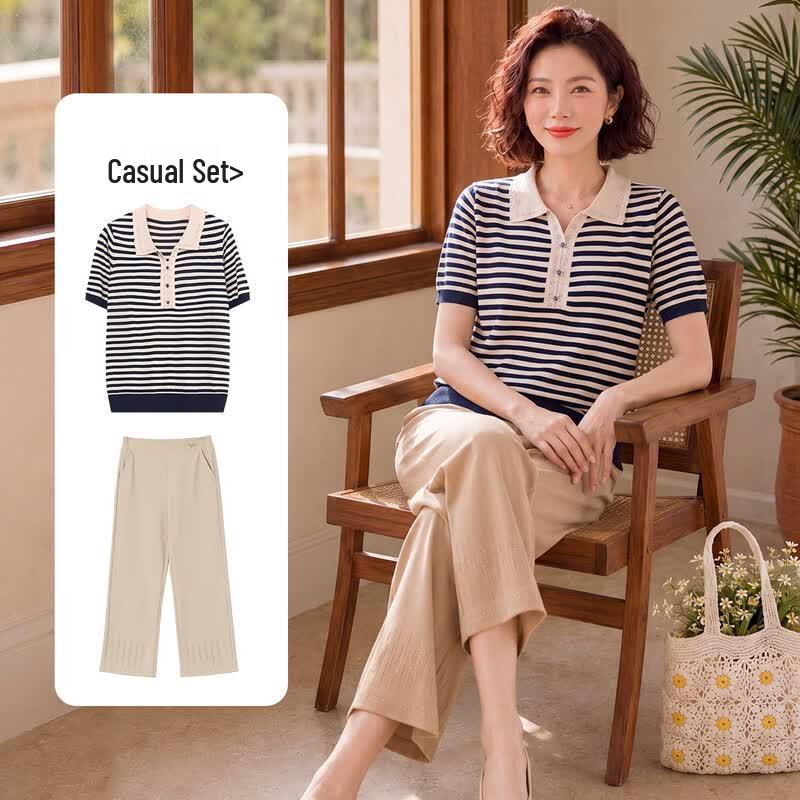 Women s Striped Lapel Two-Piece Set XL темно-синий