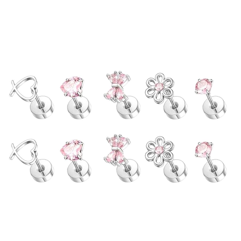 Cute Bowknot Butterfly Heart Flower Studs Surgical Steel Earrings Allergy Resistant for Sensitive Ears with Screw Back