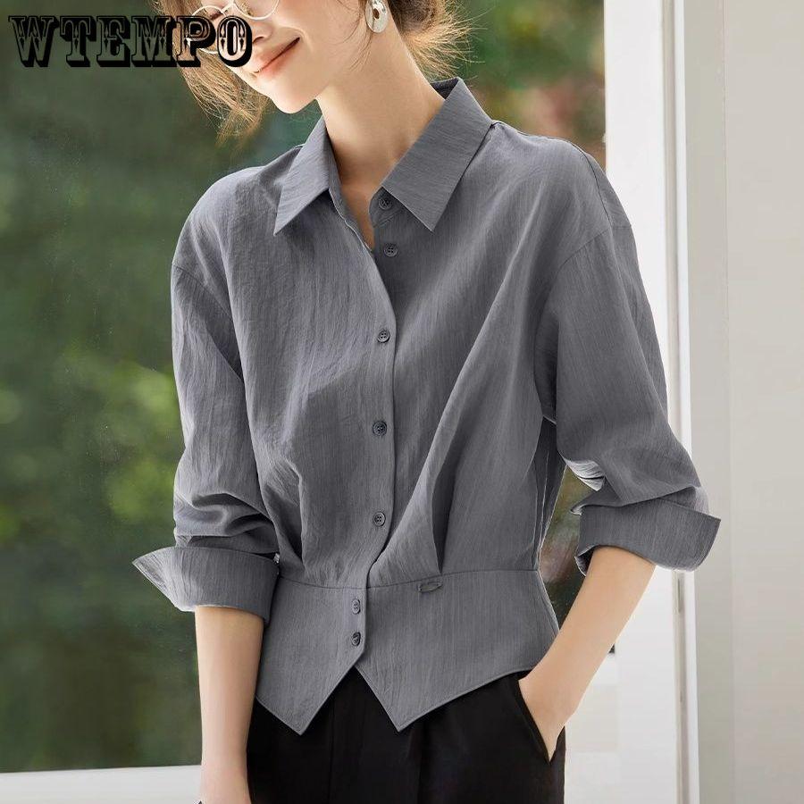 Women's Shirt Top Autumn Commuter Shirt with Waist Cinching and Slimming Effect