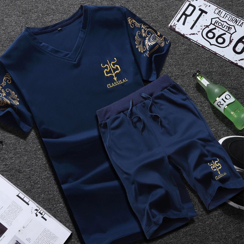 

Топы, летний повседневный костюм, спортивный костюм с короткими рукавами, повседневный мужской спортивный костюм с круглым вырезом XXXXL темно-синий