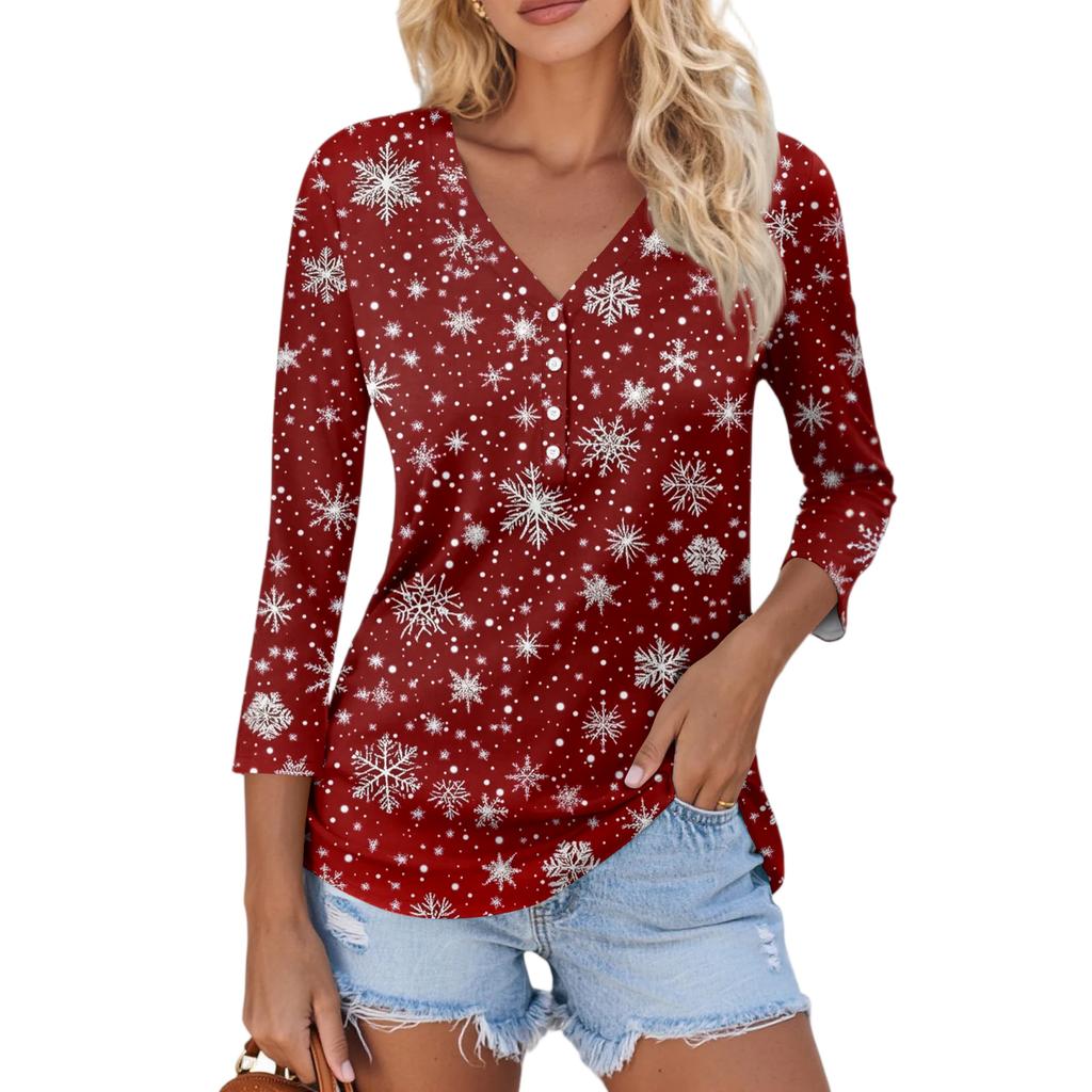 Women's Casual Fashion Sexy Comfortable Christmas Print V-Neck Button Three-quarter Sleeve Top