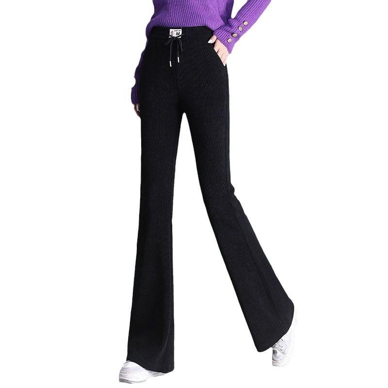 Fleece Stretched-waist Slightly Flared Pants for Women in Autumn and Winter, High-waisted, Slimming, and Drape Casual Striped Fleece Trousers