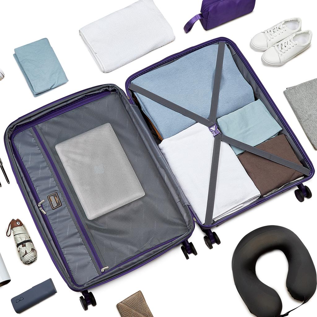 Elegant Purple Travel Set with 20" Carry On, Backpack, Bag & Umbrella, Lightweight Hard Shell Luggage with 360° Spinner Wheels