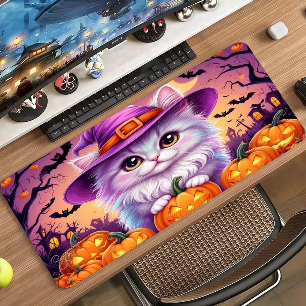 Tabby Cat Witch Hat Pumpkin Bucket Halloween Extended Gaming Pad Non Slip Rubber Base Keyboard Mat Desk Pad For Computer Gamer