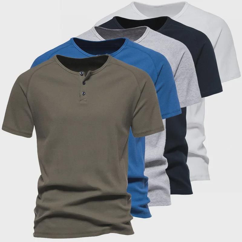Men's Retro Cotton Henley Shirt - Coarse Thread 230g, Solid Color, Short-Sleeve Fitness Top