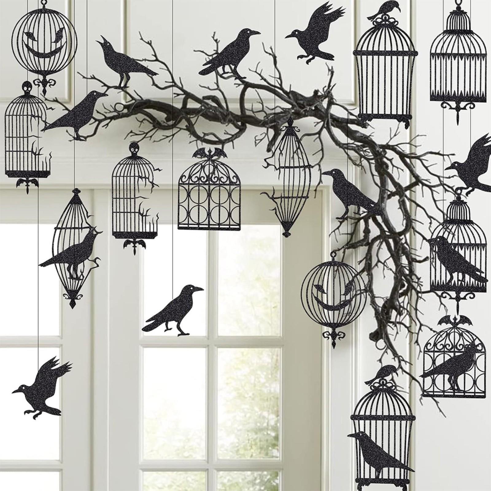 

Party Decoration Glitter Black Crow Bird Cage Hanging Decoration Window Pendant One Size чорний