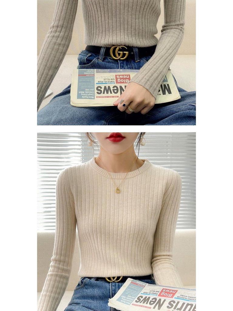 Women's Slim Fit Round Neck Knitted Sweater - Autumn/Winter Fashion, Long Sleeve, High-Quality Inner Layer Top.