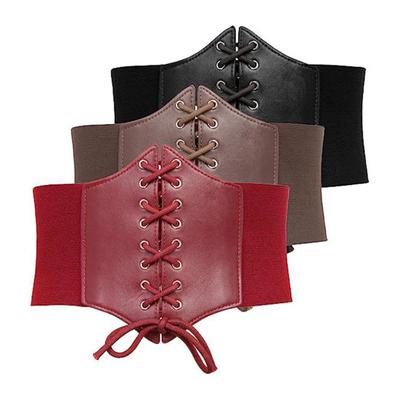 Women Corset Elastic Waistband Lace-up Wide Belt Solid Color Imitation Leather Outfits Dresses Tops Waist Cincher