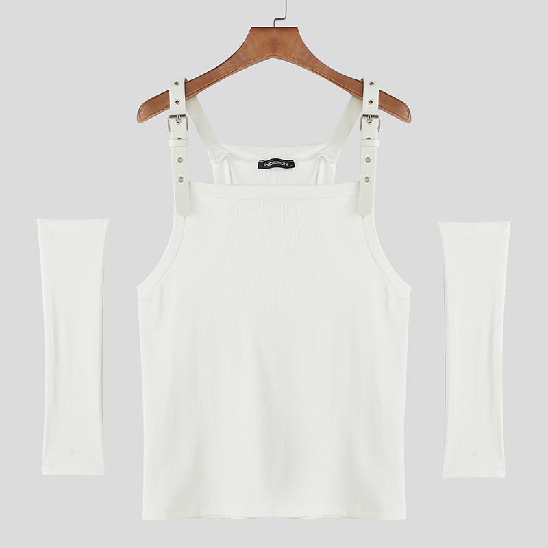 

INCERUN Мужские майки на бретелях без рукавов однотонные рубчик повседневные облегающие с рукавами 2XL белый