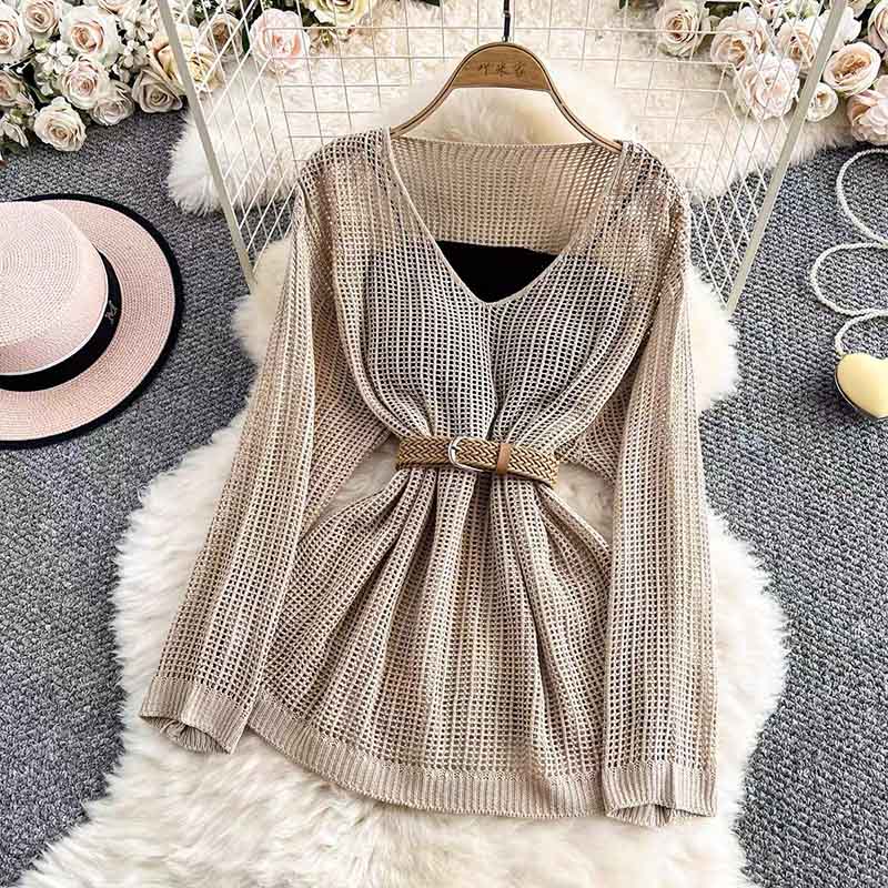 Sweater for Women Spring Summer Openwork Knit Sweater Solid Color Sun Protection Cover-Up Tops