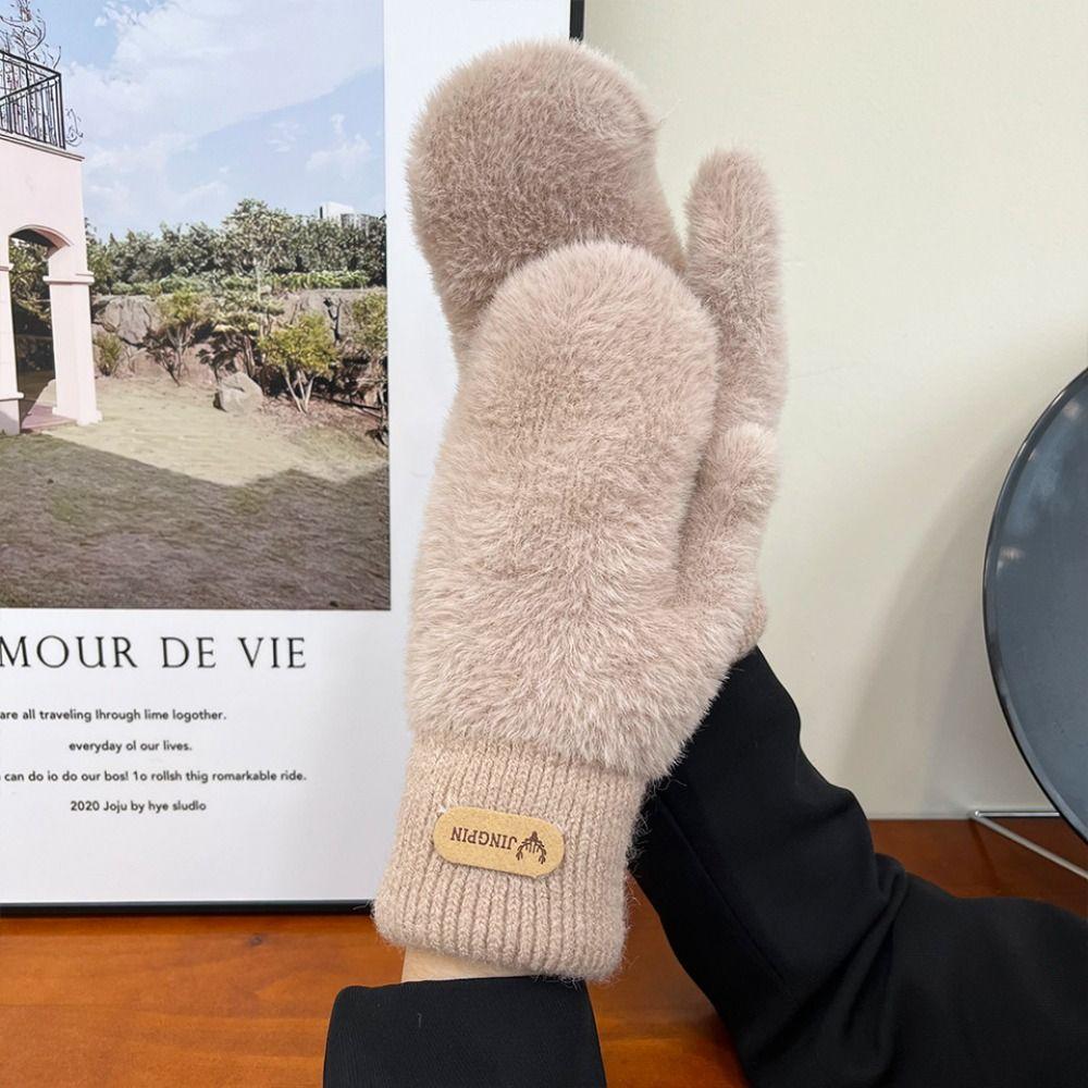 Warm Full Finger Mittens Plush Cycling Driving Gloves Solid Color Solid Color Gloves  Female