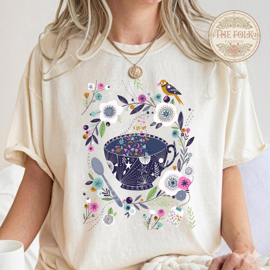 Vintage Celestial Teacup Shirt, Aesthetic Magic Garden Floral Tee, Tea Lover Gift, Mystical Moon Star Botanical Tshirt, Spring Garden Shirt