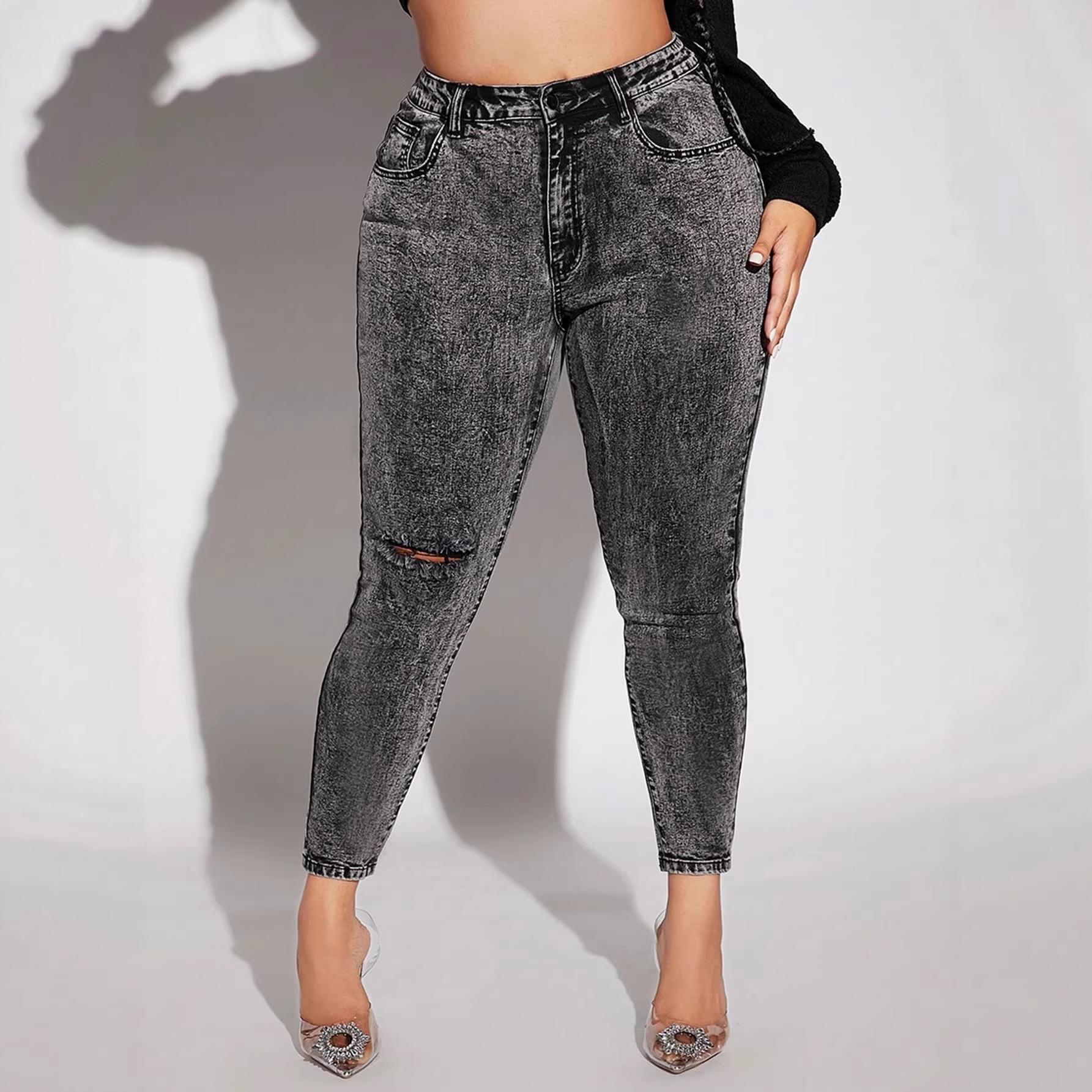 

2026 New Plus Size Ripped Skinny Jeans for European and American Girls 4XL темно-сірий колір