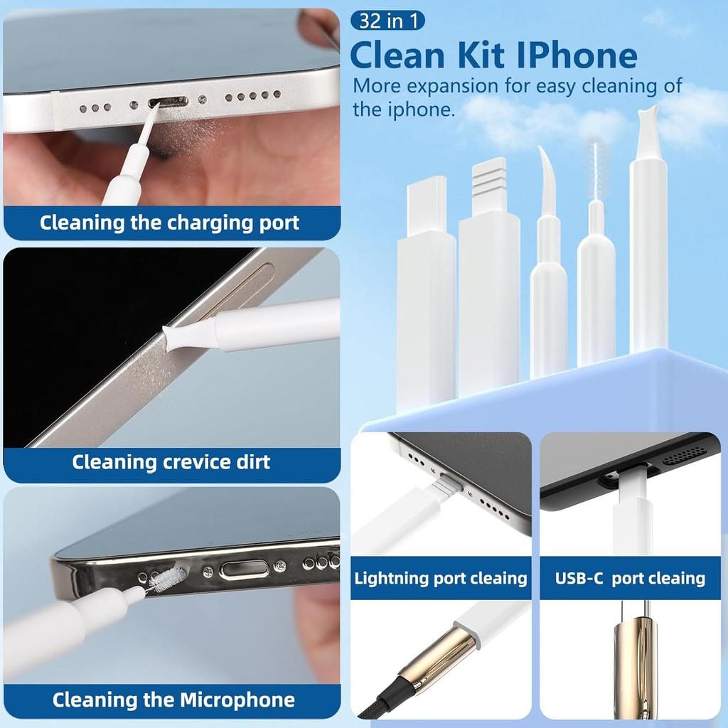 32-in-1 Handy-Reinigungsset mit Ladeanschlussreiniger, SIM-Werkzeug, Tastaturbürste, Lautsprecherbürste, Elektronisches Reinigungsset für iPhone, AirPods, Ohrhörer