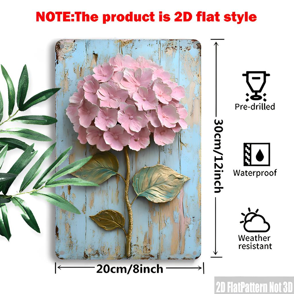 2D Flat, 1pc Vintage Hydrangea Iron Wall Art - Rustic Blue Wood Design Metal Sign, 8.0x12.0inch, Easy To Install for Home Office