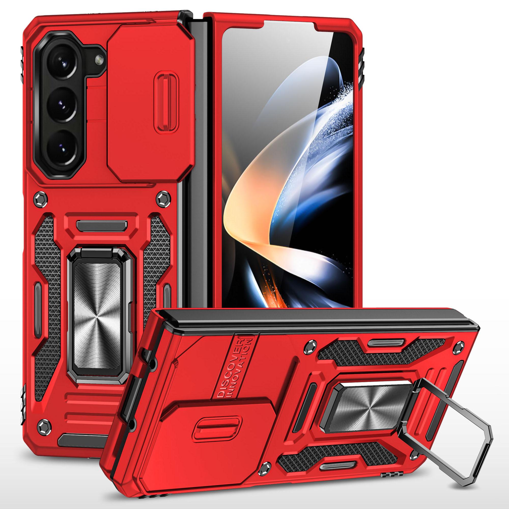 

For Samsung Galaxy Z Fold5 5G Armor Series PC+TPU Phone Case Metal Kickstand Cover with Slide Camera Lid Red