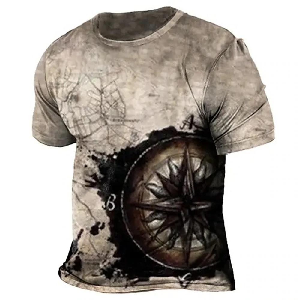 Summer Vintage Compass Graphic Men's T-shirts Breathable Crew Neck Short Sleeve Loose Tops Outdoor Daily Unisex Clothing Apparel