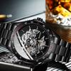 WINNER Glass Skeleton Dial Automatic Watch Black Luminous Waterproof Stainless Steel Mechanical Watch