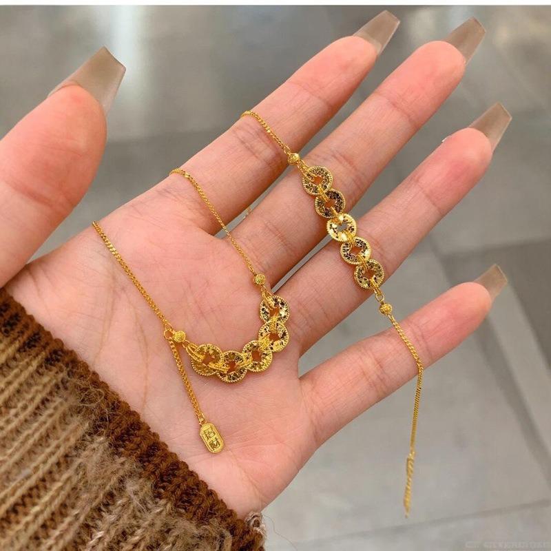 New Chinese Copper Coin Necklace Bracelet Literary and Retro Light Luxury Temperament Jewelry Set Personalized Fashion Niche Jewelry Women