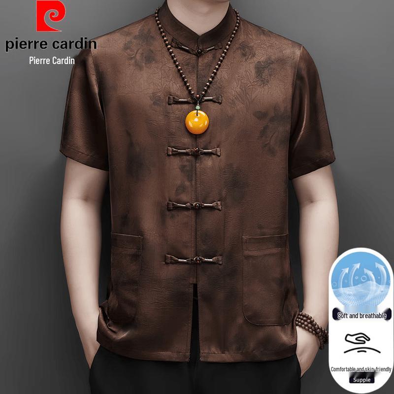 Pierre Cardin Men's Short-Sleeve Xiangyunsha Tang Suit Shirt