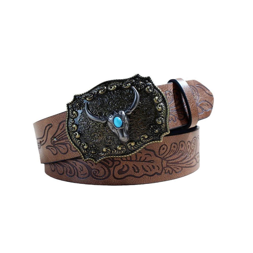 Vintage Western Denim Belt Cow Head Large Plate Buckle Denim Engraved Ethnic Style Male Punk Pu Leather Belt