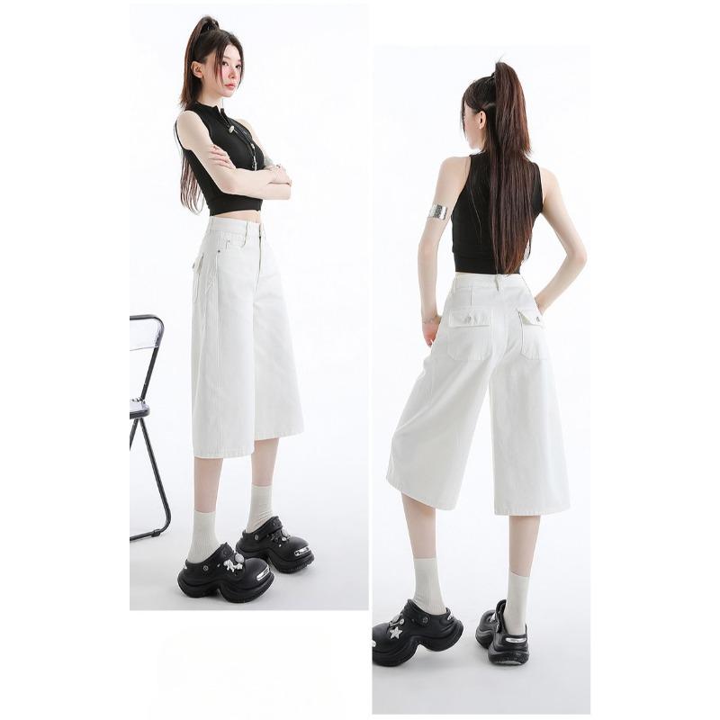 High Quality Retro High Waist Flared Denim Shorts Women Summer Loose Casual Wide Leg Cropped Pants