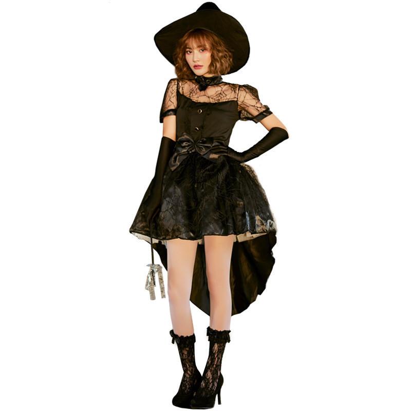 Black Lace Mesh Witch Tailcoat Dress Costume For Halloween Party Events Cosplay