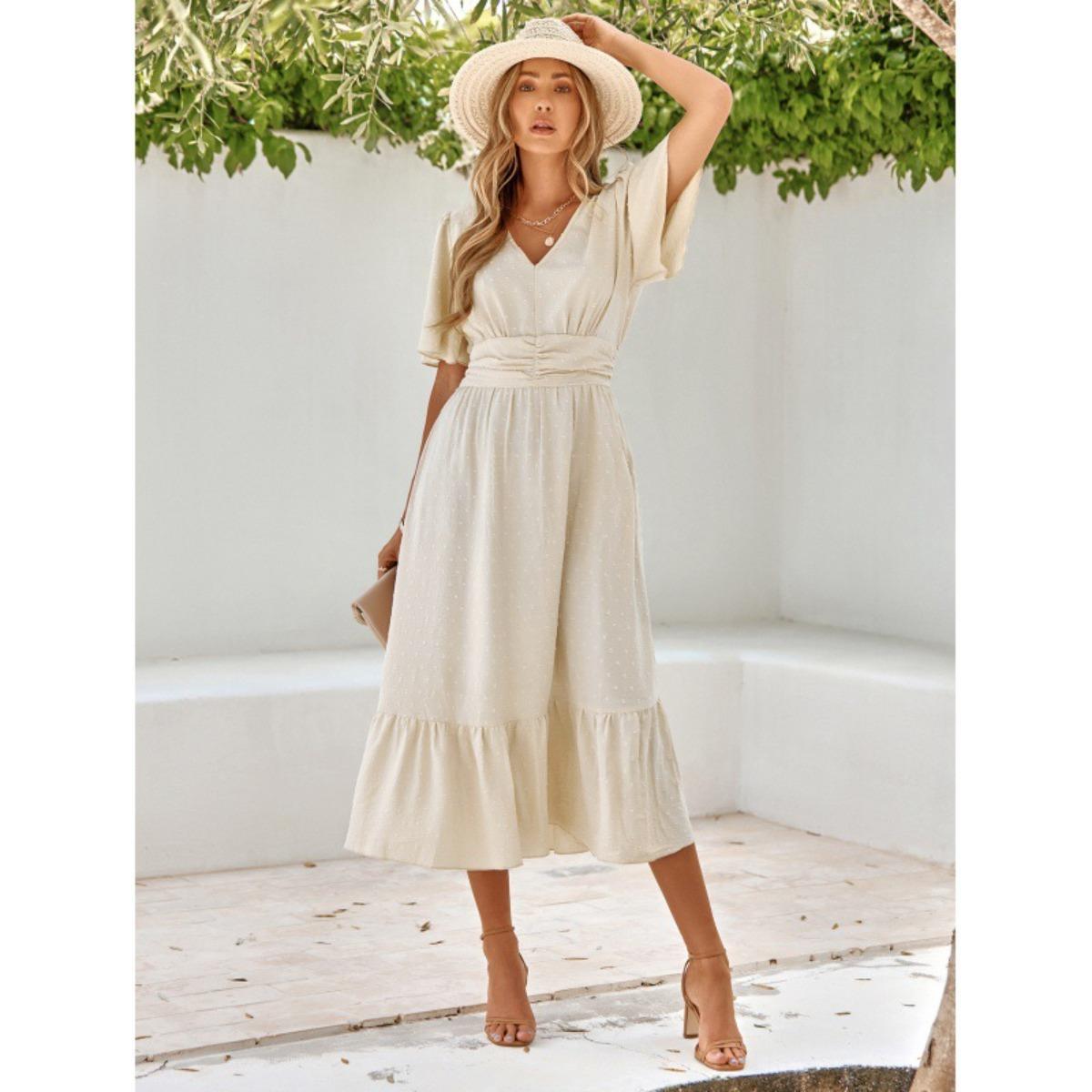 

Summer Solid Color V-neck Ruffle Sleeve Casual Long Maxi Dress For Women European Style S абрикосовый