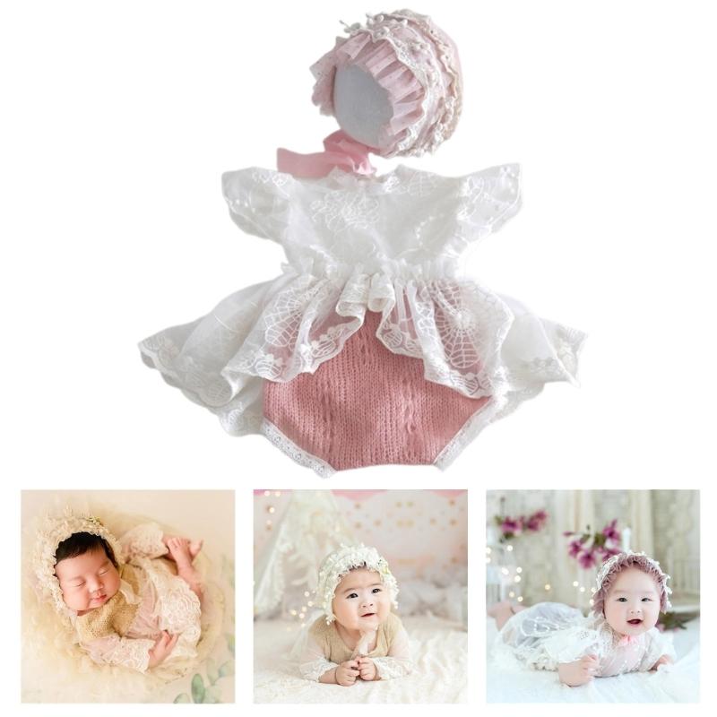 Baby Photography Props Lace Jumpsuits Bonnet Hat Newborns Photo Props Photoshoots Headwear Infant Photo Posing Outfit
