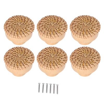 6pcs Round Drawer Knobs Wood Rattan Woven Handmade Drawer Pulls Door Knobs for Kitchen Bedroom