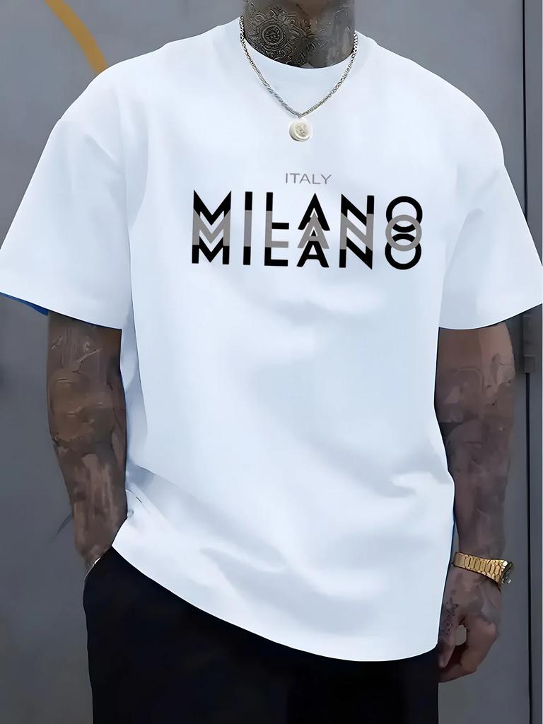 2025 Summer Men's 100% pure cotton Italian Milan pattern printed comfortable round-neck short-sleeved T-shirt top