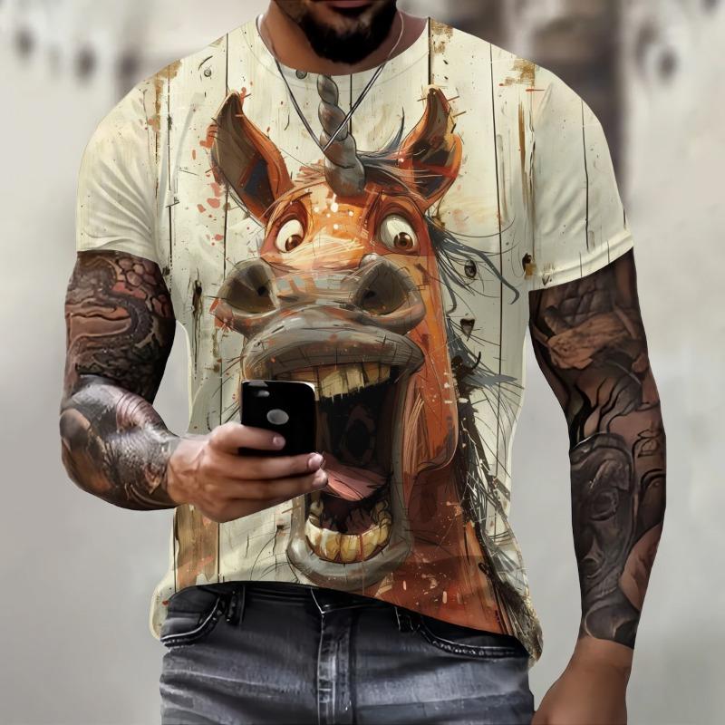 T-shirt da uomo a maniche corte con stampa 3D motivo cavallo stile retrò casual street sport outdoor maglietta girocollo top cloti