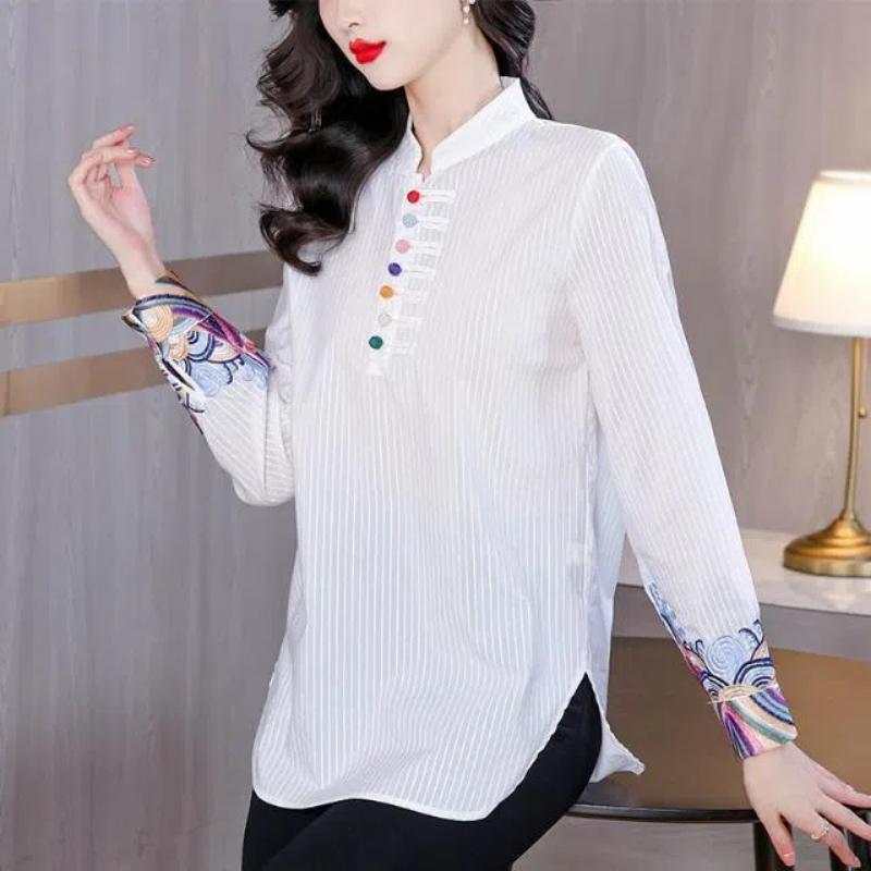 Spring Autumn New Stand Collar Fashion Long Sleeve Blouse Women High Street Casual Embroidered Pullovers Vintage All-match Tops