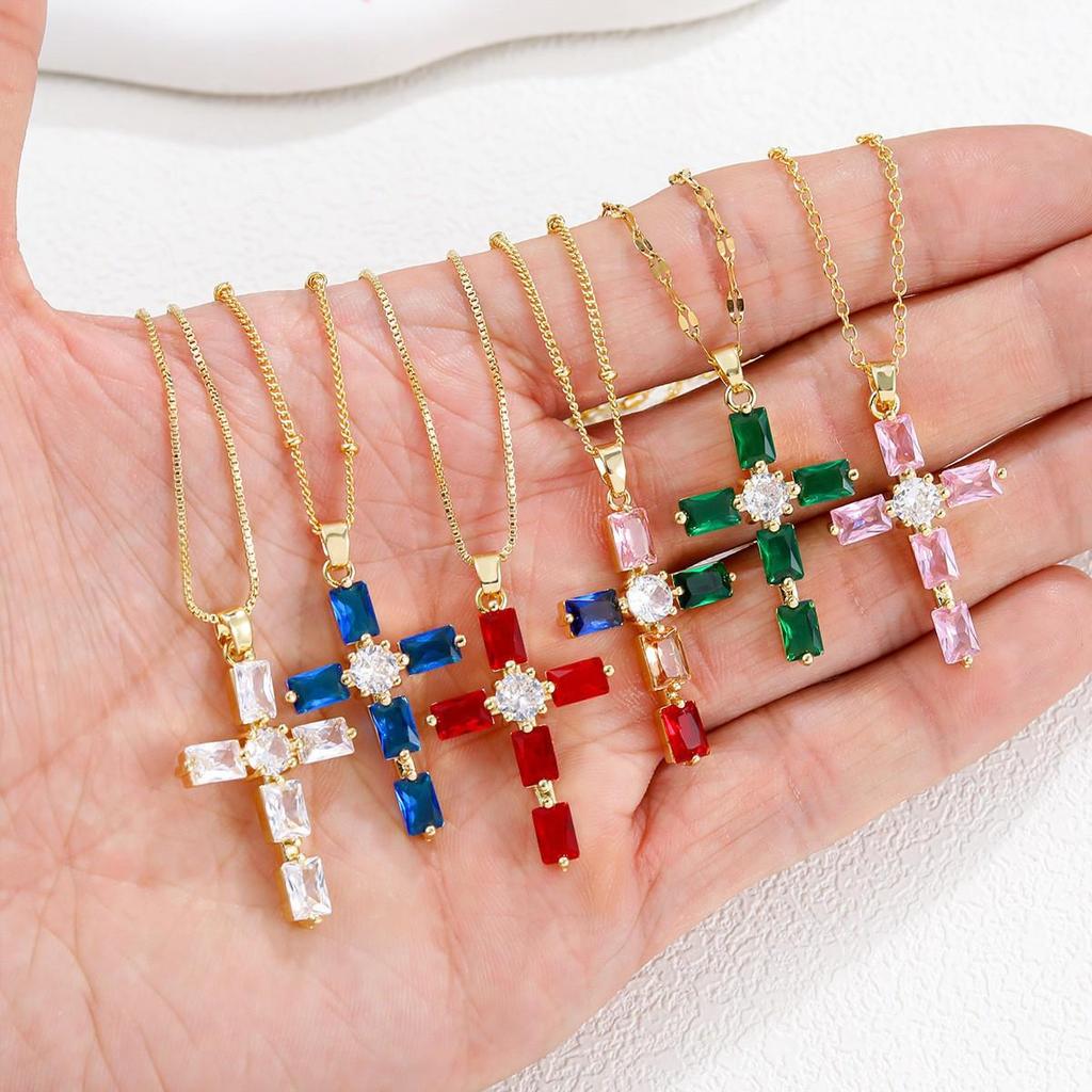 Gold-Plated Multi-Color Zirconia Cross Necklace with Full Diamond Design