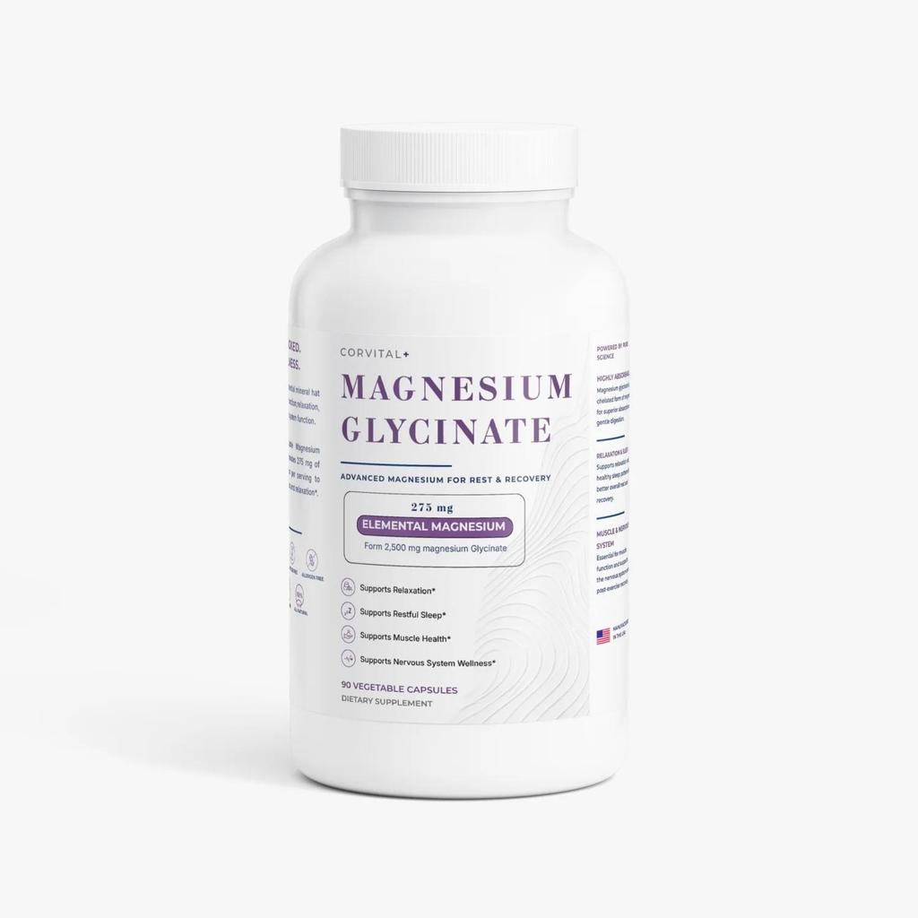Corvital+ Capsule di Glicinato di Magnesio 275mg Magnesio Elementare Alto Assorbimento Supplemento Chelato per Sonno e Rilassamento Muscolare 90 Capsule