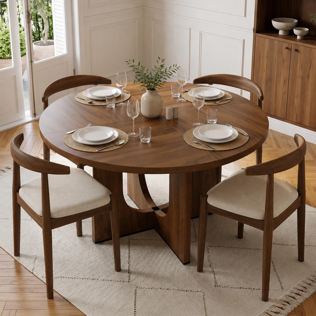 Round Dining Table, 120 x 120 cm, Suitable for 4-6 People, Classic Design, Scandinavian-Minimalist Style, Walnut Wood Color (without chair)