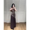 Retro One-Shoulder Knitted Dress for Women, Summer Dress, Hot Girl Style, Irregular Mesh Splicing, Hip-Hugging Long Skirt