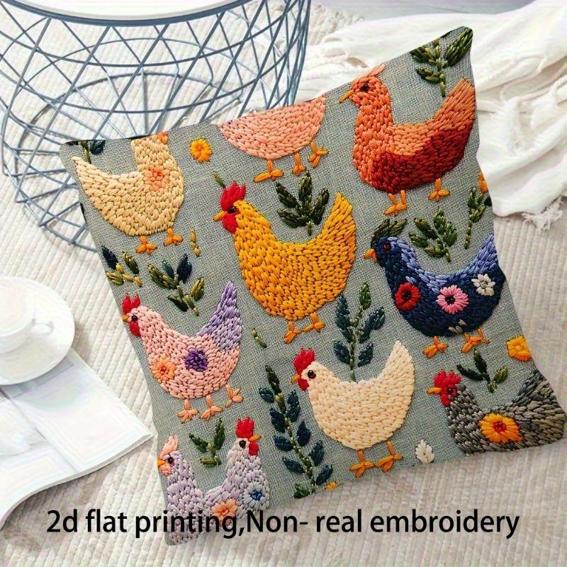 Colorful Chicken Floral Faux Embroidery Pillow Cover 2D Print Rustic Farmhouse Decor Soft Linen Feel For Sofa Bed Living Room