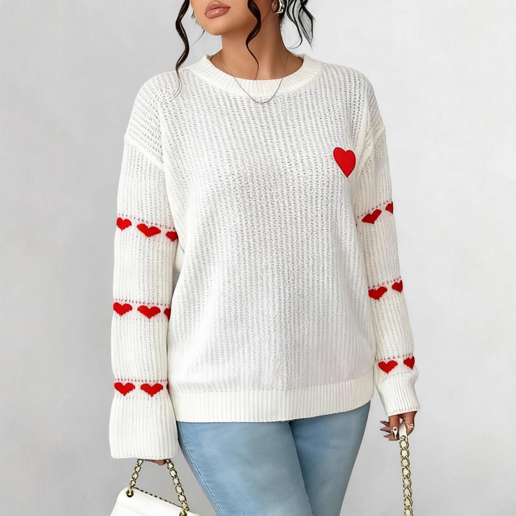 

Contrasting-color Heart-patterned Jacquard Blended Embroidery Oversized Women s Casual Pullover Sweater, Loose-fitting Top 3XL білий