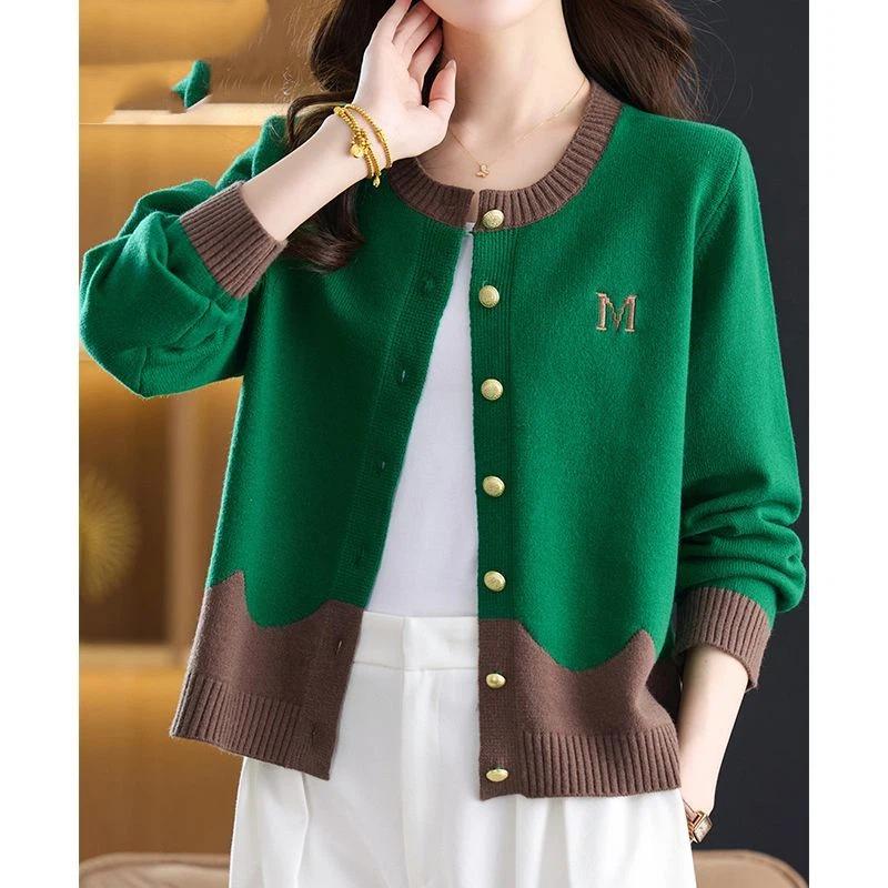 Colorblock Cardigan for Women 2025 New Autumn Design Versatile and Stylish Round Neck Sweater Sweater Jacket