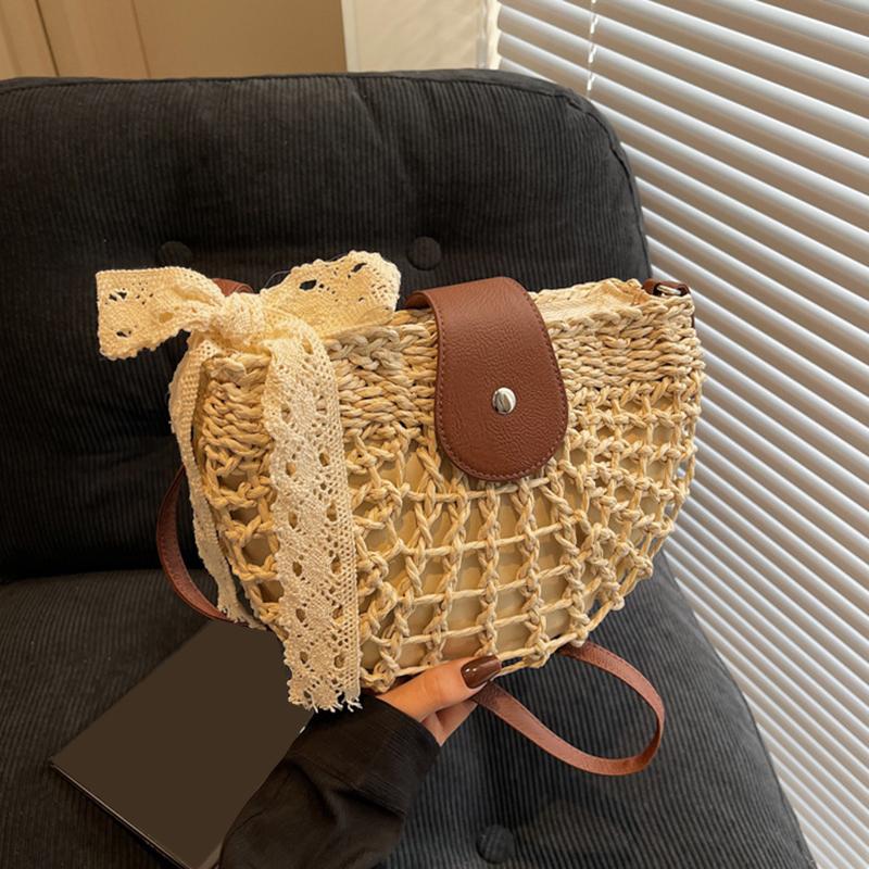 

Yogodlns Summer Straw Bag For Women Fashion Semicircle Crossbody Bags Rattan Handmade Messenger Handbag Travel Beach Bags 25*7*17cm бежевый