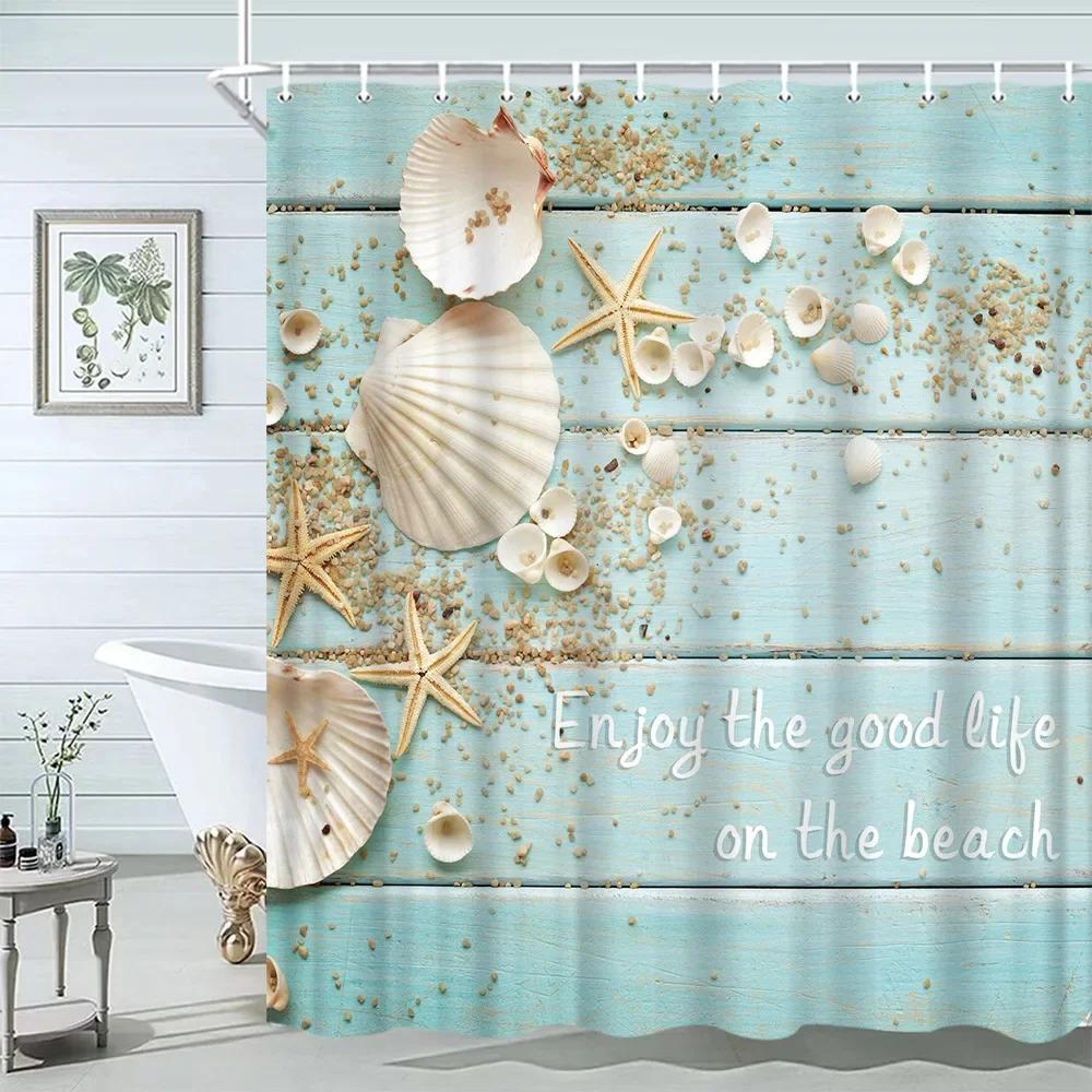 Seashell Shower Curtain Summer Beach Starfish On The Coastal For Bathroom Curtain Polyester Fabric Bathroom Accessories Set