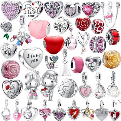 925 Silver Valentine Couple Heart Flower Charm Bead for DIY Bracelet Necklace Romantic Wedding Jewelry Gift